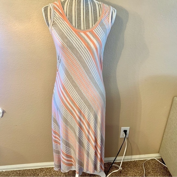 Calvin Klein Dress Sz 6 T-Shirt Dress Midi Striped Peach Grey Sleeveless - Picture 1 of 14